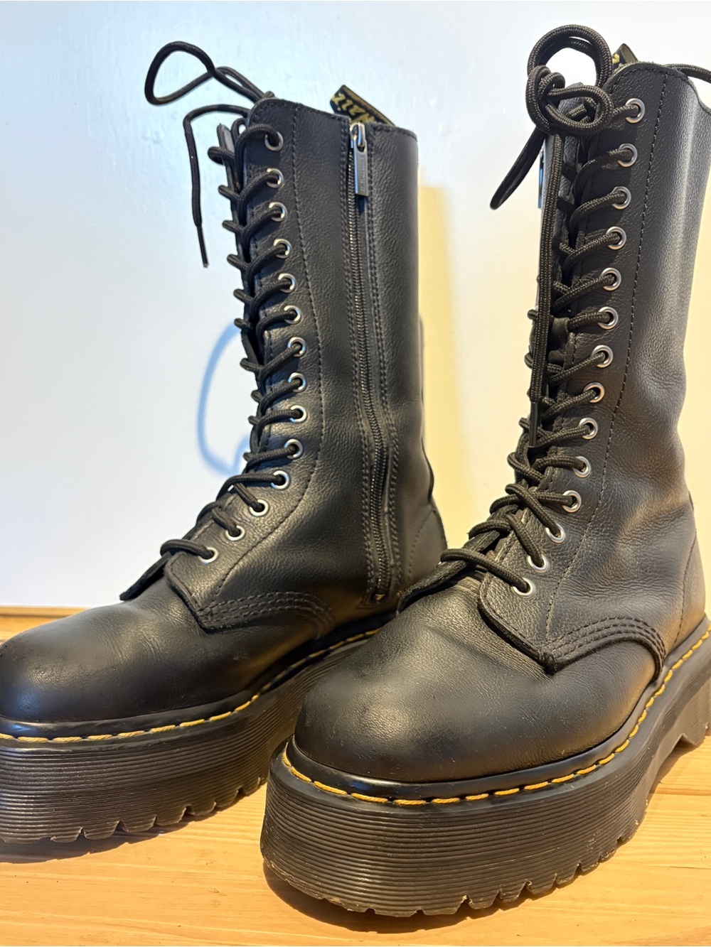Dr. Martens Black Platform Lace-Up Combat Boots with Yellow Stitching
